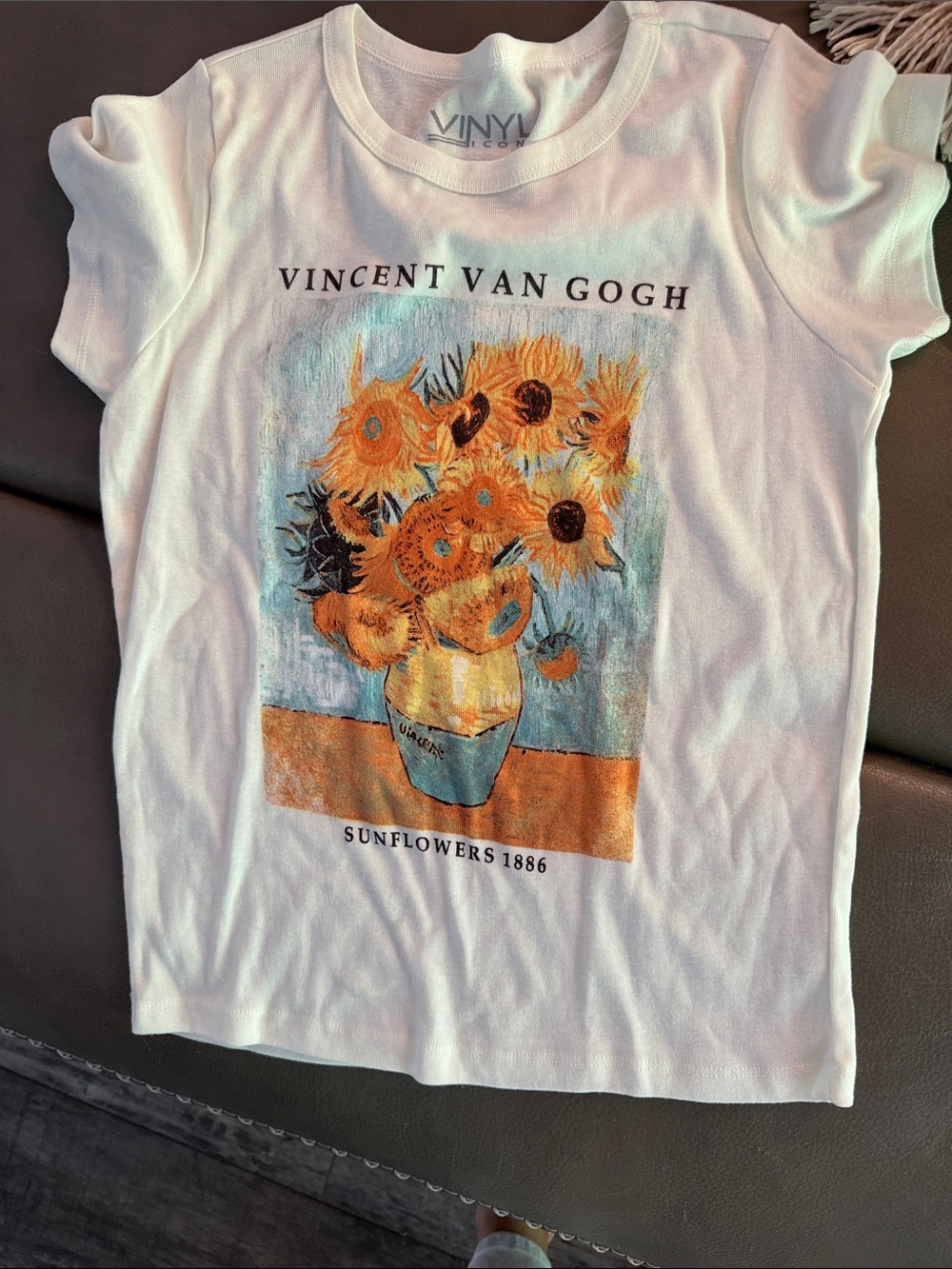 Vinyl Icon Classics White Vincent van Gogh Sunflowers Graphic Tee runs small
